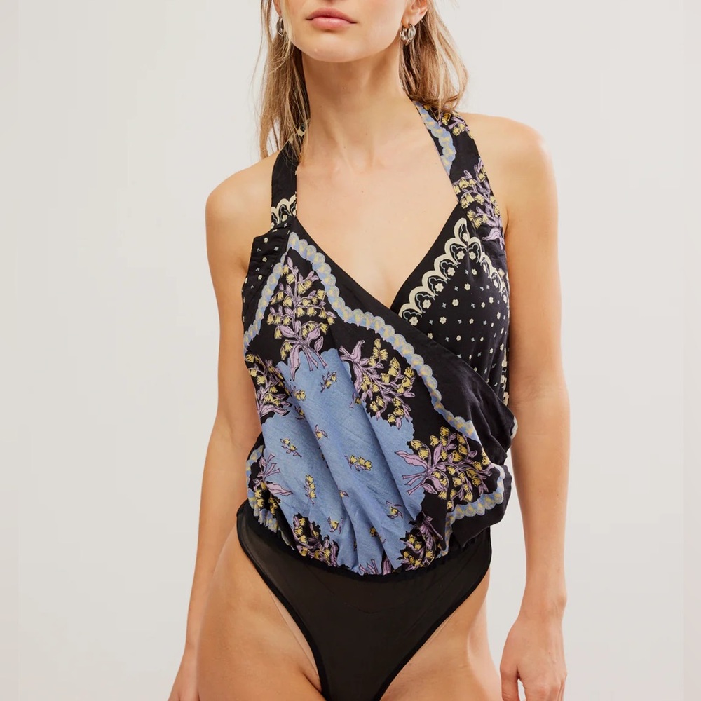 Free People Black and Blue Floral Bodysuit